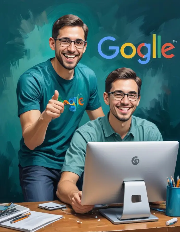 Due giovani caucasici sorridenti che indossano magliette di Google, seduti a una scrivania con un monitor di computer