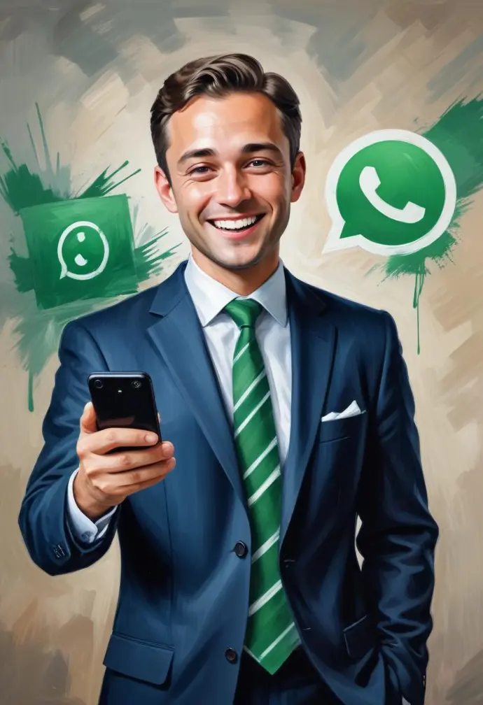 Un giovane caucasico sui 20 anni che indossa un abito blu navy e una cravatta verde, sorride e tiene in mano uno smartphone davanti a un muro coperto di graffiti con il logo di WhatsApp
