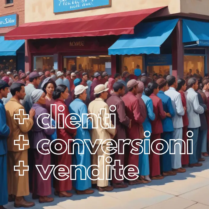 Una grande folla di persone in attesa in fila fuori da un negozio o da un'attività commerciale, con tendoni colorati e segnaletica visibile con la scritta più clienti più conversioni più vendite