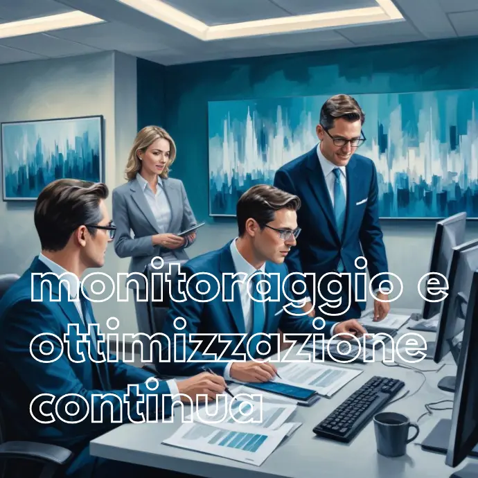 Un gruppo di professionisti in un ambiente d'ufficio moderno, che lavorano insieme a un progetto. L'immagine mostra un team eterogeneo di uomini e donne in abiti formali, riuniti attorno a un tavolo e che utilizzano computer e altre attrezzature da ufficio. Lo sfondo presenta un'opera d'arte astratta con una combinazione di colori blu e bianco con la scritta monitoraggio e ottimizzazione continua