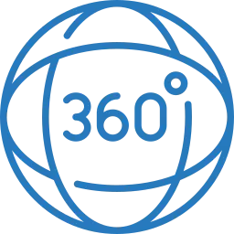 Un'icona della fotocamera a 360 gradi con una cornice circolare blu e il testo "360°" al centro