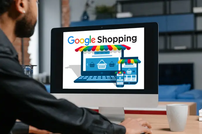 Uno schermo di un laptop che mostra il logo e l'interfaccia di Google Shopping, che mostra un'esperienza di acquisto online con un laptop, dispositivi mobili e un'icona del carrello