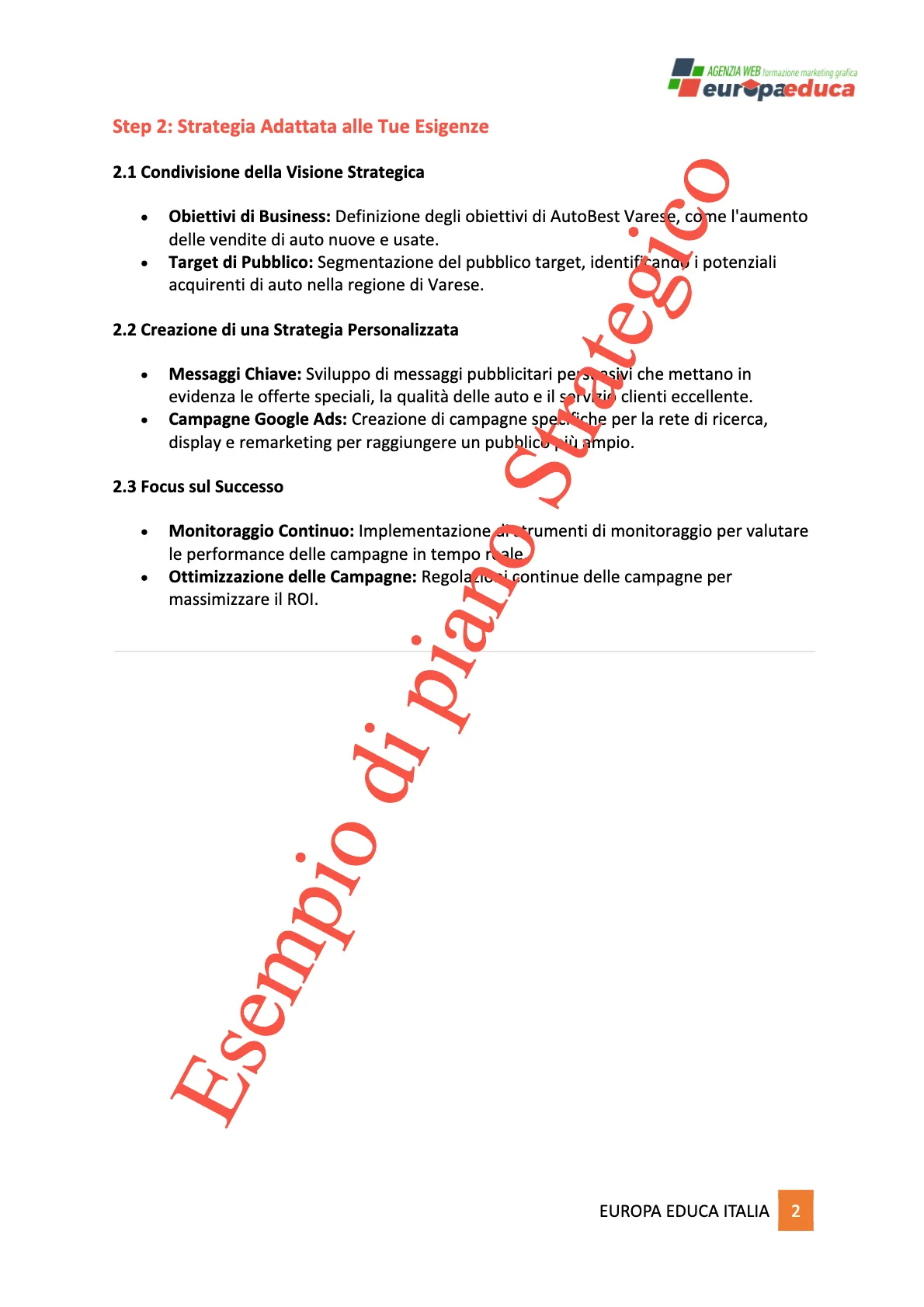 Un documento Esempio di piano strategico con informazioni, che mostra un indice con sezioni sull'introduzione, l'analisi di esempi rilevanti e le conclusioni ed il logo di Europa Educa Italia