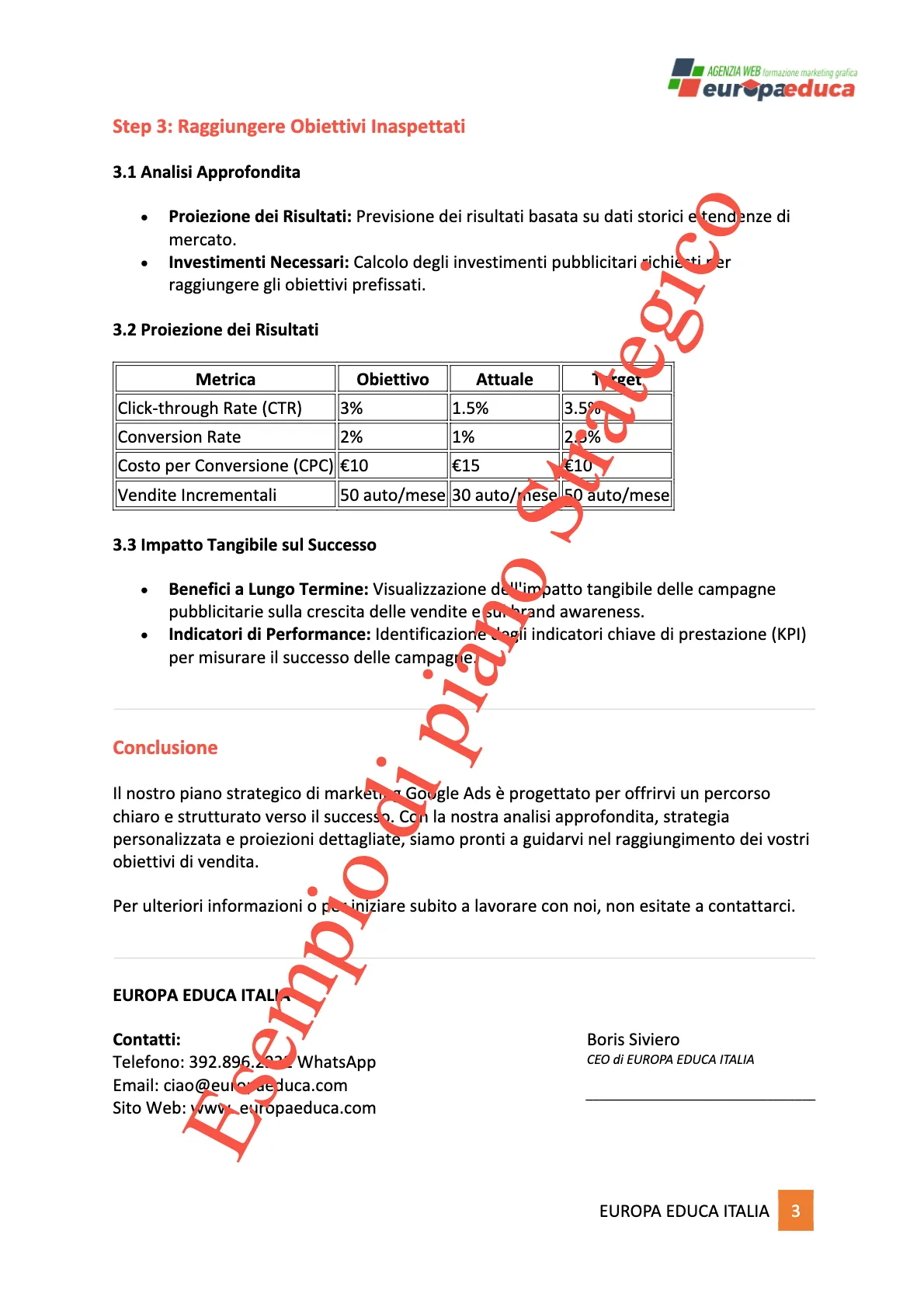 Un documento Esempio di piano strategico con informazioni, che mostra un indice con sezioni sull'introduzione, l'analisi di esempi rilevanti e le conclusioni ed il logo di Europa Educa Italia