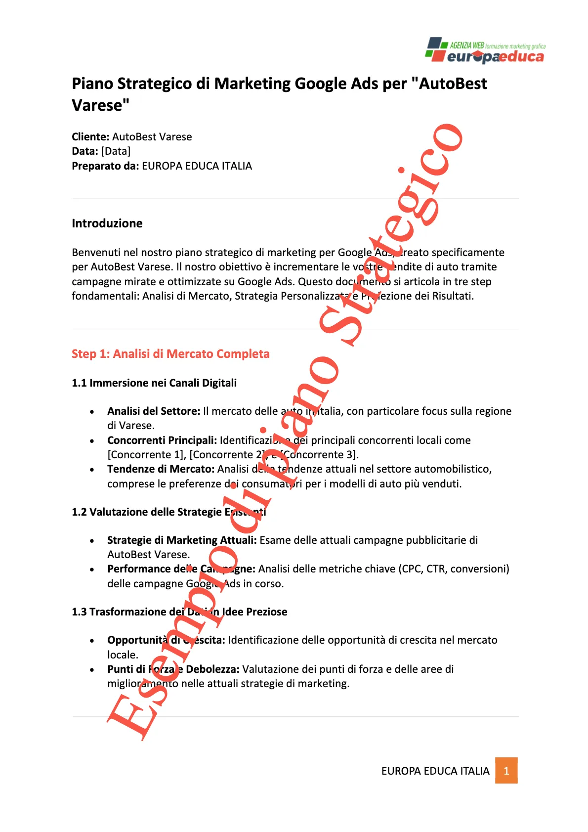 Un documento Esempio di piano strategico con informazioni, che mostra un indice con sezioni sull'introduzione, l'analisi di esempi rilevanti e le conclusioni ed il logo di Europa Educa Italia