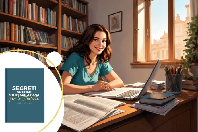 Una giovane donna caucasica con lunghi capelli castani seduta a una scrivania, che lavora su un computer portatile in un ufficio domestico con librerie sullo sfondo