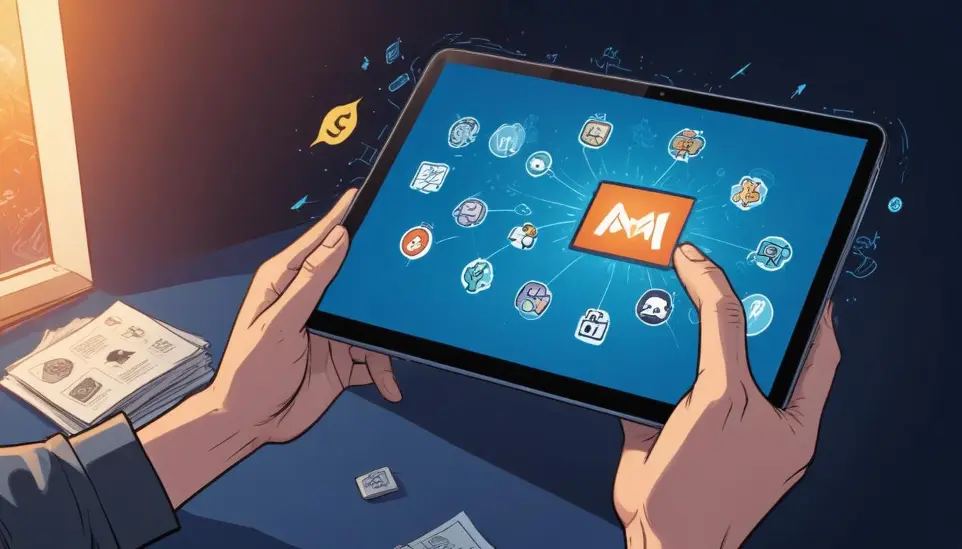 Las manos de una persona que sostiene una tableta con varios íconos de aplicaciones que se muestran en la pantalla, incluido un gran ícono naranja "M", sobre un fondo oscuro