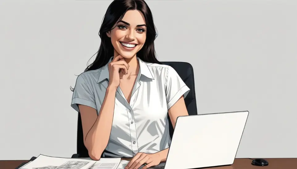 Una joven caucásica de pelo largo y oscuro, vestida con una blusa blanca y sentada en un escritorio frente a una computadora portátil, sonriendo