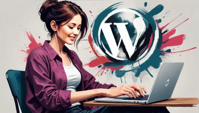 Una giovane donna caucasica con lunghi capelli scuri che indossa una giacca viola, seduta davanti a un computer portatile e che lavora su un sito web WordPress