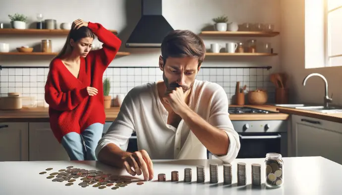 Un giovane uomo caucasico con i capelli corti e scuri che indossa un maglione beige è seduto al bancone della cucina, concentrato su qualcosa di fronte a lui. Una giovane donna con i capelli lunghi e scuri che indossa un maglione rosso è in piedi dietro di lui, che lo guarda preoccupata