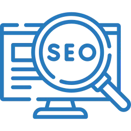 Un'icona blu raffigurante uno schermo di computer con una lente di ingrandimento e il testo "SEO" al centro, che rappresenta l'ottimizzazione dei motori di ricerca