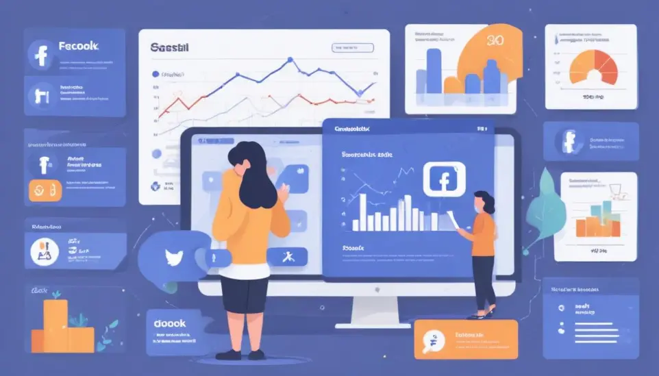 Una giovane donna con lunghi capelli scuri in piedi davanti a un grande schermo di computer che mostra varie analisi dei social media e visualizzazioni di dati. Accanto a lei, un uomo sta interagendo con un altro schermo. Lo sfondo presenta grafici e diagrammi di dati aggiuntivi, suggerendo uno spazio di lavoro di analisi dei social media o del marketing digitale