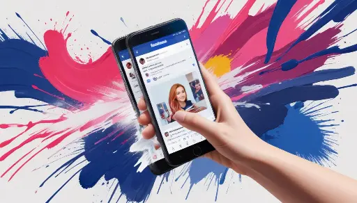 Una giovane donna con lunghi capelli castani che scatta un selfie con uno smartphone su uno sfondo astratto colorato
