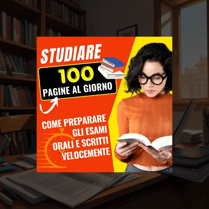 Una giovane donna con i capelli scuri e gli occhiali seduta a un tavolo, tiene in mano un libro e guarda la telecamera. Sullo sfondo si vedono scaffali di libri e un cartello con la scritta "STUDIARE 100 PAGINE AL GIORNO" (Studia 100 pagine al giorno)
