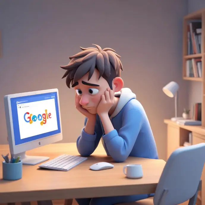 Un giovane ragazzo caucasico con i capelli corti e scuri seduto a una scrivania davanti allo schermo di un computer che mostra il logo di Google, con un'aria frustrata o turbata