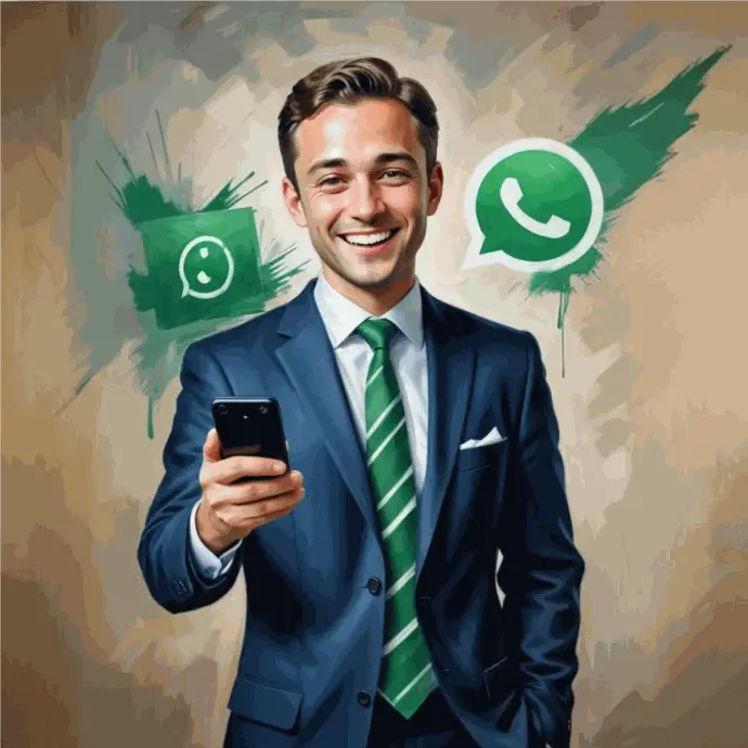 Un giovane uomo caucasico con i capelli corti e scuri che indossa un abito blu navy e una cravatta verde, tiene in mano uno smartphone ed è circondato dai loghi di WhatsApp