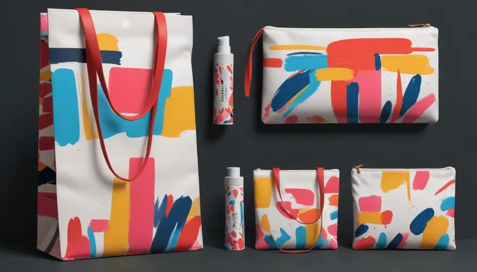 Forme e motivi astratti colorati su vari oggetti come un cuscino, una borsa per il trucco e un contenitore per cosmetici