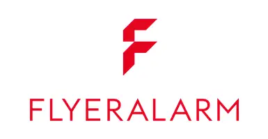 Logo lettera F rossa su sfondo bianco della tipografia FlyerAlarm