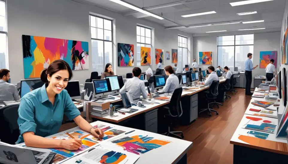 Uno spazio ufficio moderno con un gruppo di persone che lavorano al computer, circondate da opere d'arte astratte colorate esposte sulle pareti ed una esperta Designer che modifica i progetti grafici di un cliente