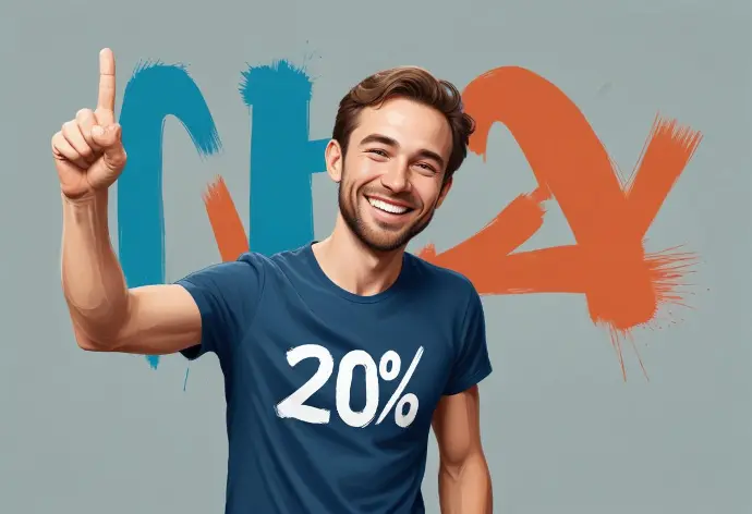 Un giovane caucasico sorridente con i capelli corti e castani che indossa una maglietta blu navy con il numero "20%" stampato sopra, in piedi davanti a un muro di graffiti colorati