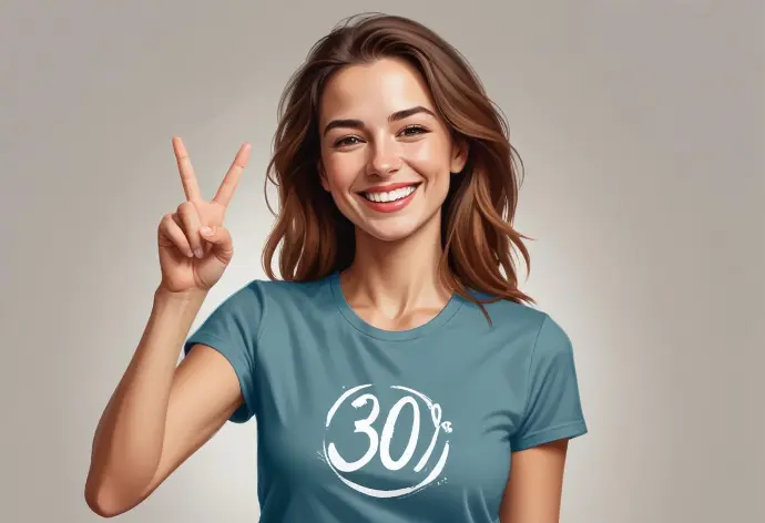 Una giovane donna caucasica con lunghi capelli castani che fa il segno della pace e sorride mentre indossa una maglietta verde acqua con il numero 30 per cento stampato sopra