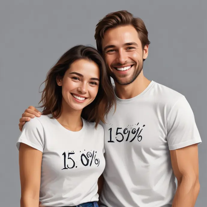 Una giovane coppia caucasica sui vent'anni che indossa magliette bianche con la scritta "15%" stampata sopra, sorride e si abbraccia su uno sfondo grigio