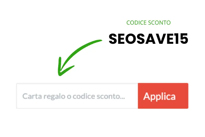 Viene mostrata la copia del Campo presente nel carrello e durante il pagamento nel quale è possibile inserire dei codici sconto e viene mostrato un esempio di codice sconto che è possibile inserire con una freccia che va al campo