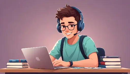 Un giovane ragazzo studente caucasico con i capelli castani e gli occhiali, che indossa una maglietta verde e le cuffie, seduto a una scrivania e utilizza un computer portatile seguendo Corsi Online