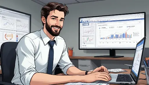 Un uomo caucasico di mezza età con corti capelli scuri e barba, che indossa una camicia bianca e una cravatta, seduto a una scrivania e guarda uno schermo di computer che mostra grafici e diagrammi di statistiche Facebook Ads
