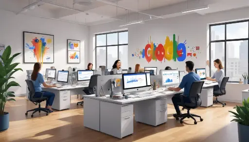 Uno spazio ufficio moderno open space con il marchio Google, più dipendenti che lavorano a scrivanie con computer facendo Campagne di Google Ads e opere d'arte colorate sulle pareti