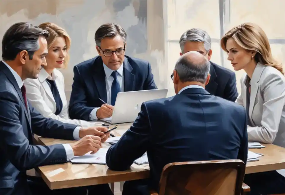 Un gruppo di uomini d'affari caucasici di mezza età e anziani in abiti formali seduti attorno a un tavolo da conferenza, impegnati in una riunione o discussione