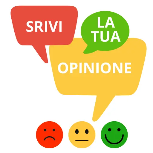 Un uomo caucasico di mezza età con corti capelli castani e un'espressione neutra, circondato da fumetti con il testo "SCRIVI LA TUA OPINIONE", oltre a tre icone emoji che rappresentano diverse emozioni