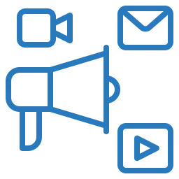 Icone blu di video, e-mail e audio su sfondo nero