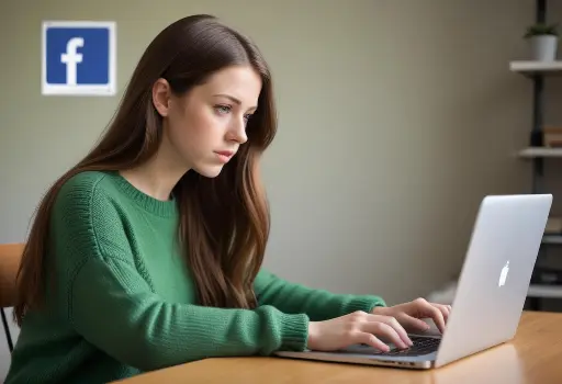 Una giovane donna caucasica con lunghi capelli castani che indossa un maglione verde, seduta a una scrivania e digitando su un computer portatile
