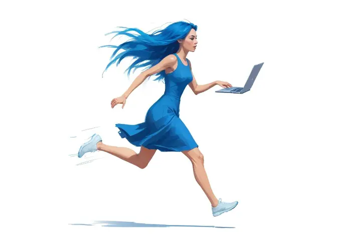 Una giovane donna con lunghi capelli blu che indossa un vestito blu e corre mentre tiene in mano un computer portatile