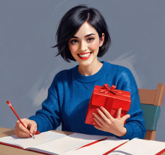 Una giovane donna asiatica con i capelli corti e scuri che indossa un maglione blu, sorride e tiene in mano una scatola regalo rossa mentre è seduta a una scrivania e scrive su un quaderno