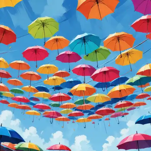 Ombrelli colorati appesi nel cielo su uno sfondo di cielo azzurro, creando una scena vibrante e stravagante