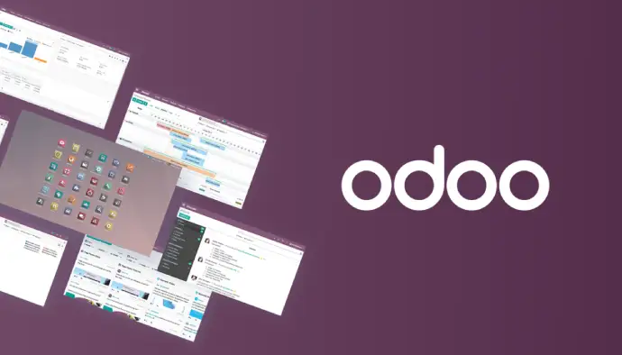 Lo schermo di un laptop che mostra il logo Odoo su uno sfondo viola.