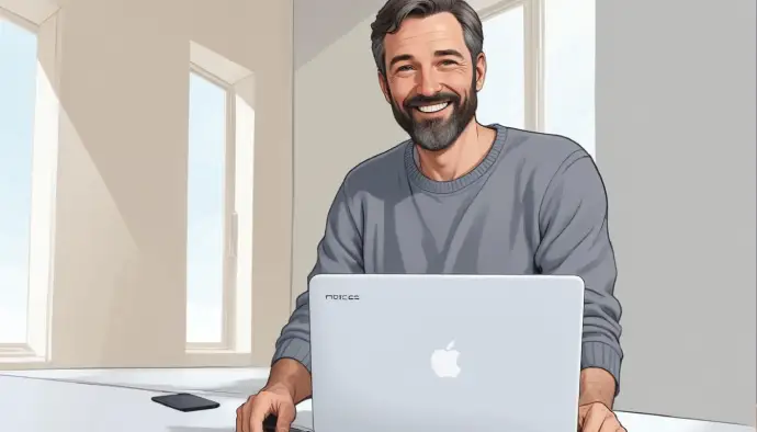 Un uomo caucasico di mezza età con barba e capelli ricci, che indossa un maglione grigio, seduto a una scrivania e usa un laptop