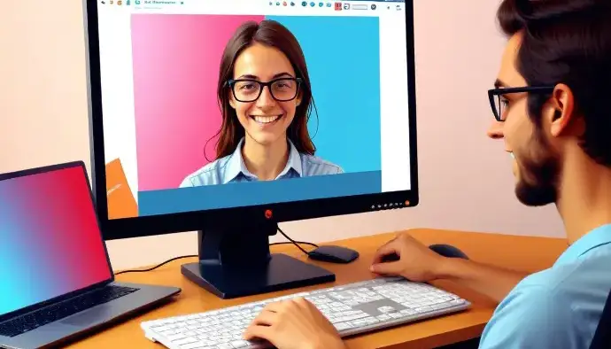 Una giovane donna caucasica con lunghi capelli scuri, con gli occhiali e sorridente alla telecamera