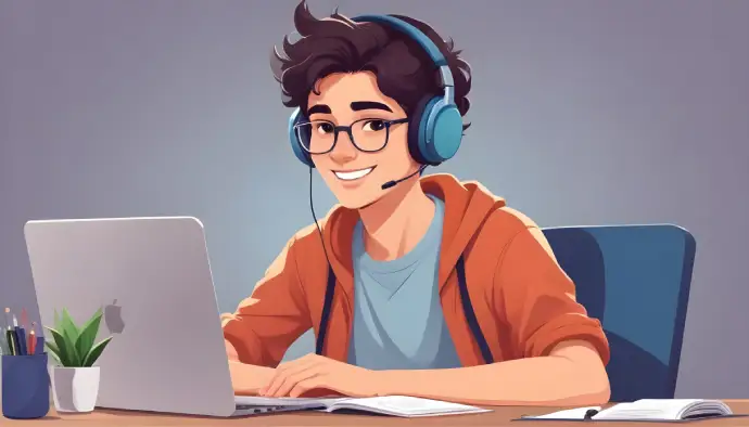 Un giovane uomo caucasico con capelli castani e occhiali, che indossa cuffie blu e una maglietta arancione, seduto a una scrivania e lavora su un laptop.