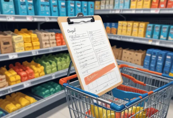 Una lista della spesa su un blocco appunti nel carrello di un supermercato, con scaffali di vari prodotti alimentari visibili sullo sfondo