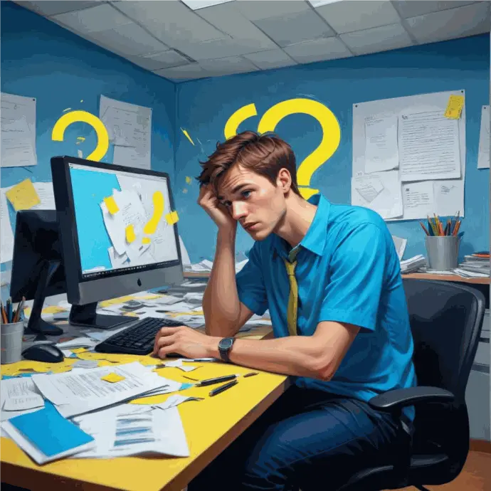 Un giovane uomo caucasico con corti capelli castani che indossa una camicia blu, seduto a una scrivania in un ambiente d'ufficio con pareti colorate e grafici a forma di punto interrogativo