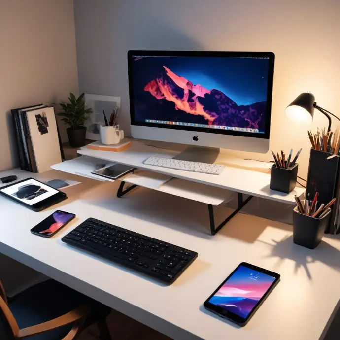 Un moderno e minimalista ufficio domestico con un grande monitor per computer desktop, una tastiera, un mouse e vari dispositivi elettronici come uno smartphone e un tablet su una scrivania bianca. Lo sfondo mostra un paesaggio montano panoramico visualizzato sullo schermo del computer