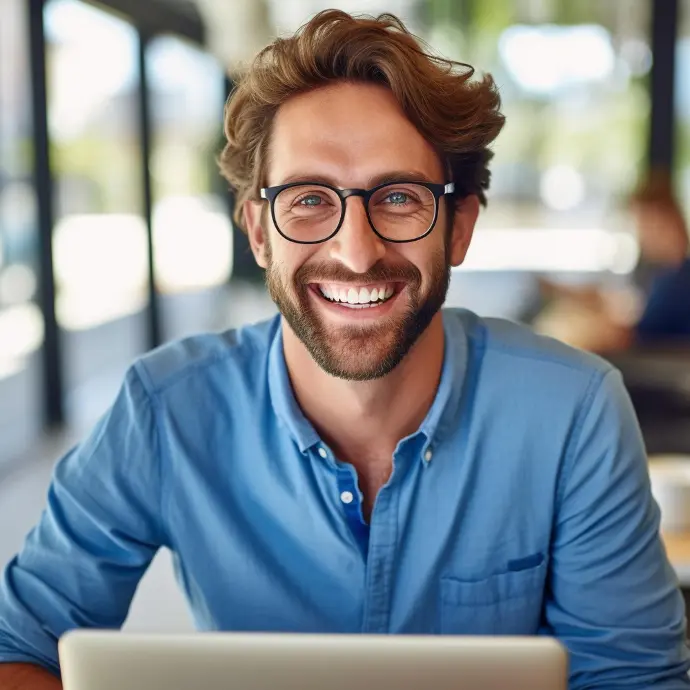 Un uomo caucasico di mezza età sorridente con capelli castani ricci, occhiali e una camicia con colletto blu seduto a una scrivania e utilizzando un computer portatile.