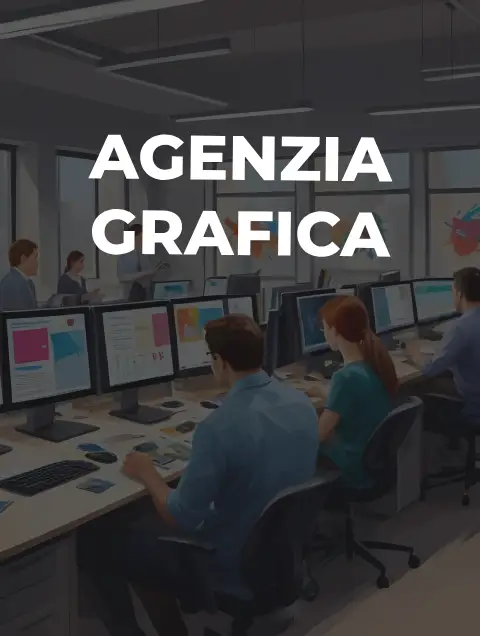 Un gruppo di giovani grafici che lavorano insieme in un ufficio moderno, con schermi di computer colorati e opere d'arte astratte alle pareti