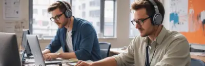 Due giovani, uno dei quali indossa occhiali e cuffie, che lavorano su computer portatili in un ambiente d'ufficio con uno sfondo sfocato
