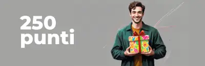 Un uomo con in mano un regalo tutto felice e il testo "250 punti"