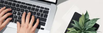 Las manos de una persona escribiendo en el teclado de una computadora portátil, con una planta en una maceta visible en el fondo.