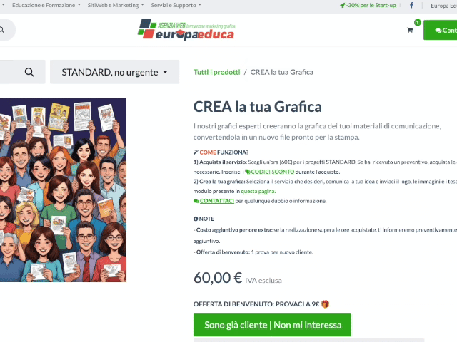 Immagine di un prodotto in particolare crea la tua grafica, mentre si mostra come dare urgenza alla propria lavorazione cliccando la tendina in alto a destra dell'immagine i selezionando URGENTE. si nota come il prezzo aumenta del 50%